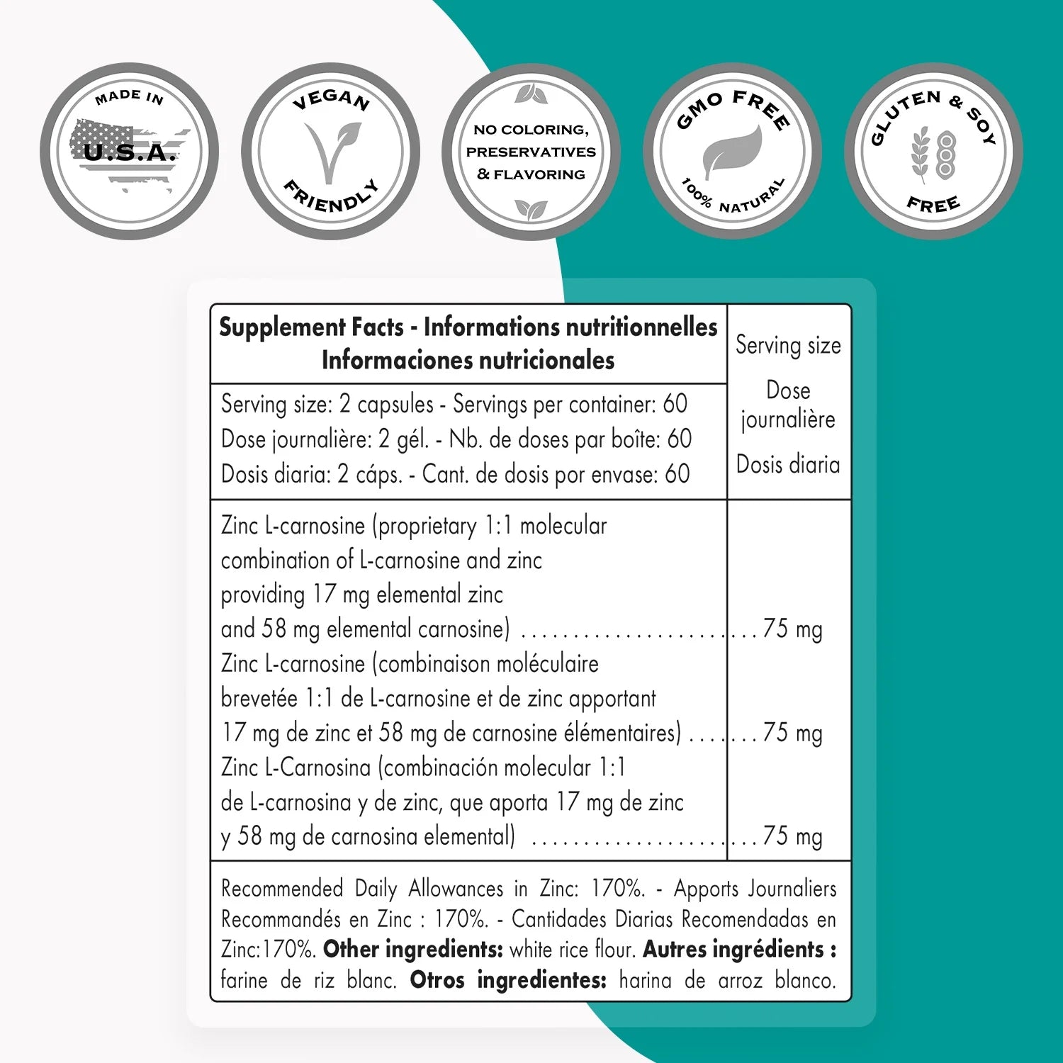 - Zinc L-Carnosine 75 Mg per Day - Health Supplement | Non-Gmo & Gluten Free - 120 Vegetarian Capsules