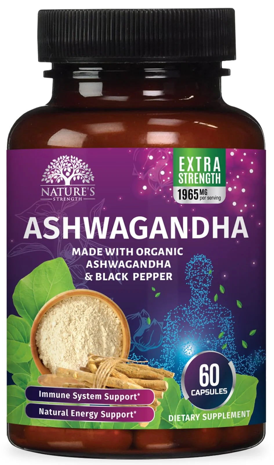 Organic Ashwagandha Extra Strength 1950 Mg - Ashwagandha Supplements for Stress & Mood Support, Nature'S Vegan Ashwagandha Organic, Ashwagandha Capsules Non-Gmo & Gluten Free - 60 Capsules