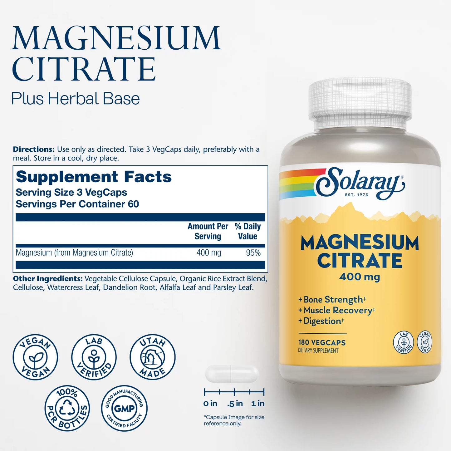 Magnesium Citrate 400Mg | Nutritive Support for Healthy Heart, Muscle, Nerve & Circulatory Function | Chelated for Absorption | 180 Count