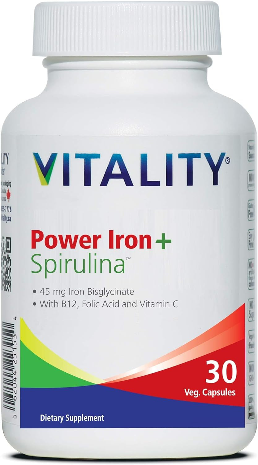 Power Iron + Spirulina | 45Mg Iron | Blood Builder | Iron Deficiency Support | Vegan | All Natural Supplement | Gentle on Stomach | 30 Capsules