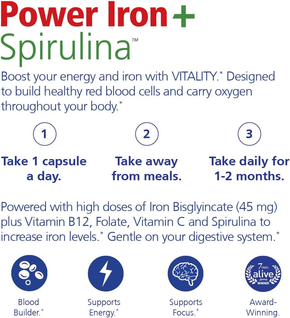 Power Iron + Spirulina | 45Mg Iron | Blood Builder | Iron Deficiency Support | Vegan | All Natural Supplement | Gentle on Stomach | 30 Capsules