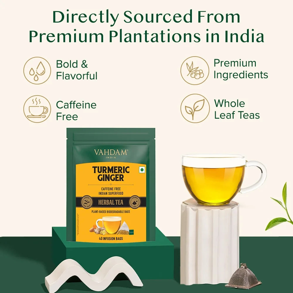 , Turmeric Ginger Blend (40 Herbal Tea Bags) Caffeine-Free, Non-Gmo, Gluten-Free | 100% Pure Herbal Blend - Savory & Spicy | Individually Wrapped Pyramid Tea Bags | Direct from Source