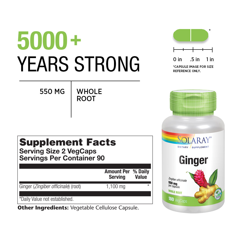 Ginger Root 1100Mg | Healthy Digestion, Joints and Motion & Stomach Discomfort Support | Whole Root | Non-Gmo & Vegan | 180 Vegcaps