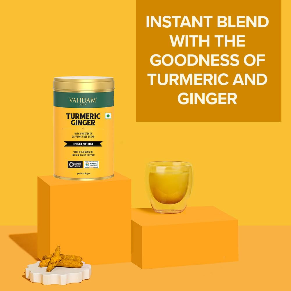 , Turmeric Ginger Latte Mix (40 Cups, 3.53Oz) Caffeine-Free, Non-Gmo, Gluten Free | Golden Milk Powder with Curcumin, Black Pepper & Ginger | Brew Hot/Iced Tea or Turmeric Latte