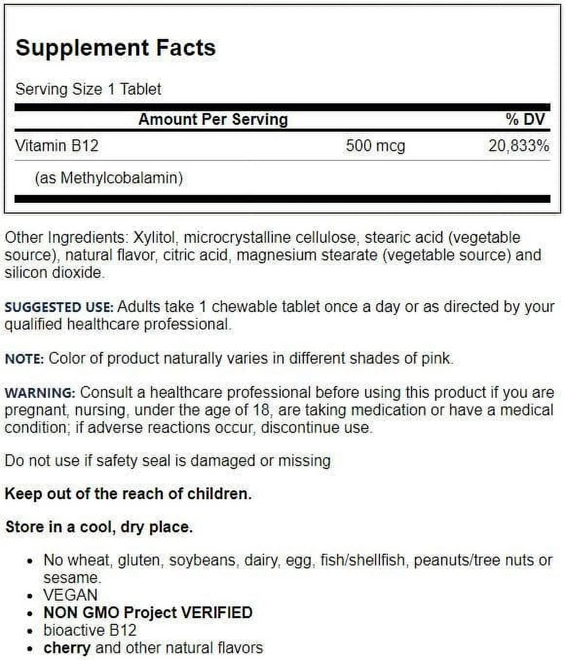 Methyl B-12 500 Mcg, Supports Brain Cells and Nerve Tissue, 100 Lozenges