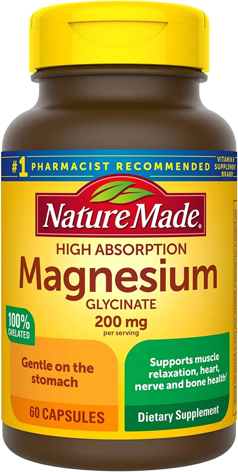 Magnesium Glycinate 200 Mg per Serving Capsules, Dietary Supplement, 60 Count