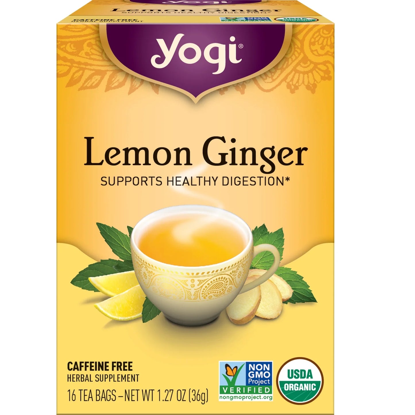 (4 Pack)  Tea Lemon Ginger, Caffeine-Free Organic Herbal Tea Bags, 16 Count