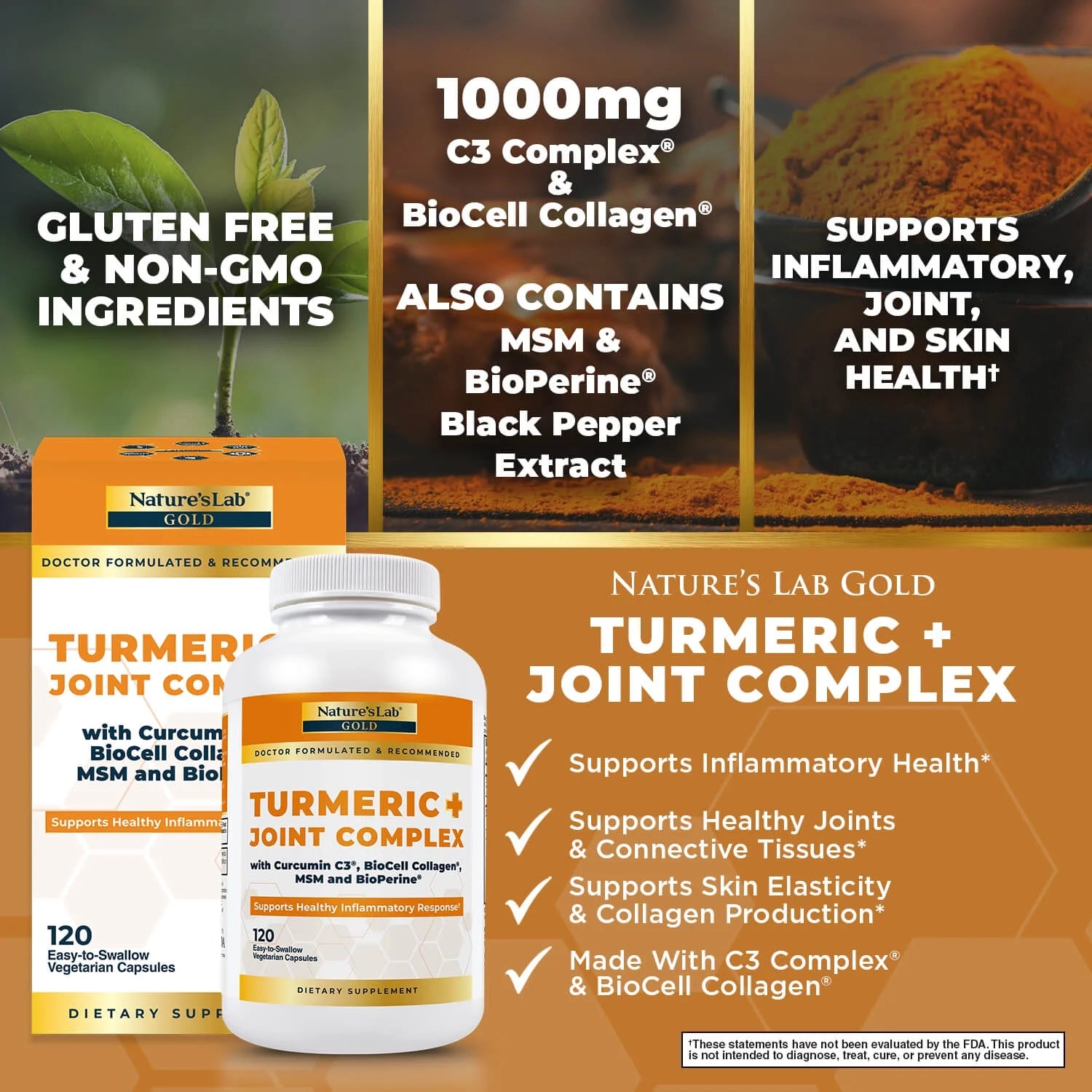 Gold Turmeric Joint Complex - 120 Capsules - Biocell Collagen, Hyaluronic Acid, C3 Curcumin, MSM - Joint Support, anti Inflammatory, Skin Supplement*