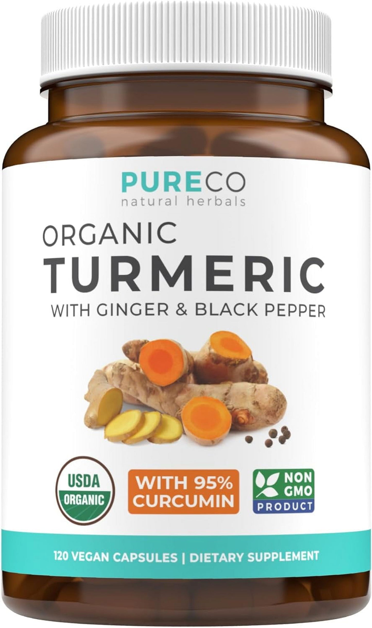 USDA Organic Turmeric Curcumin with Black Pepper and Ginger (Vegan) Natural Joint Support Supplement with Turmeric and Ginger Root Powder - 120 Capsules (No Pills)