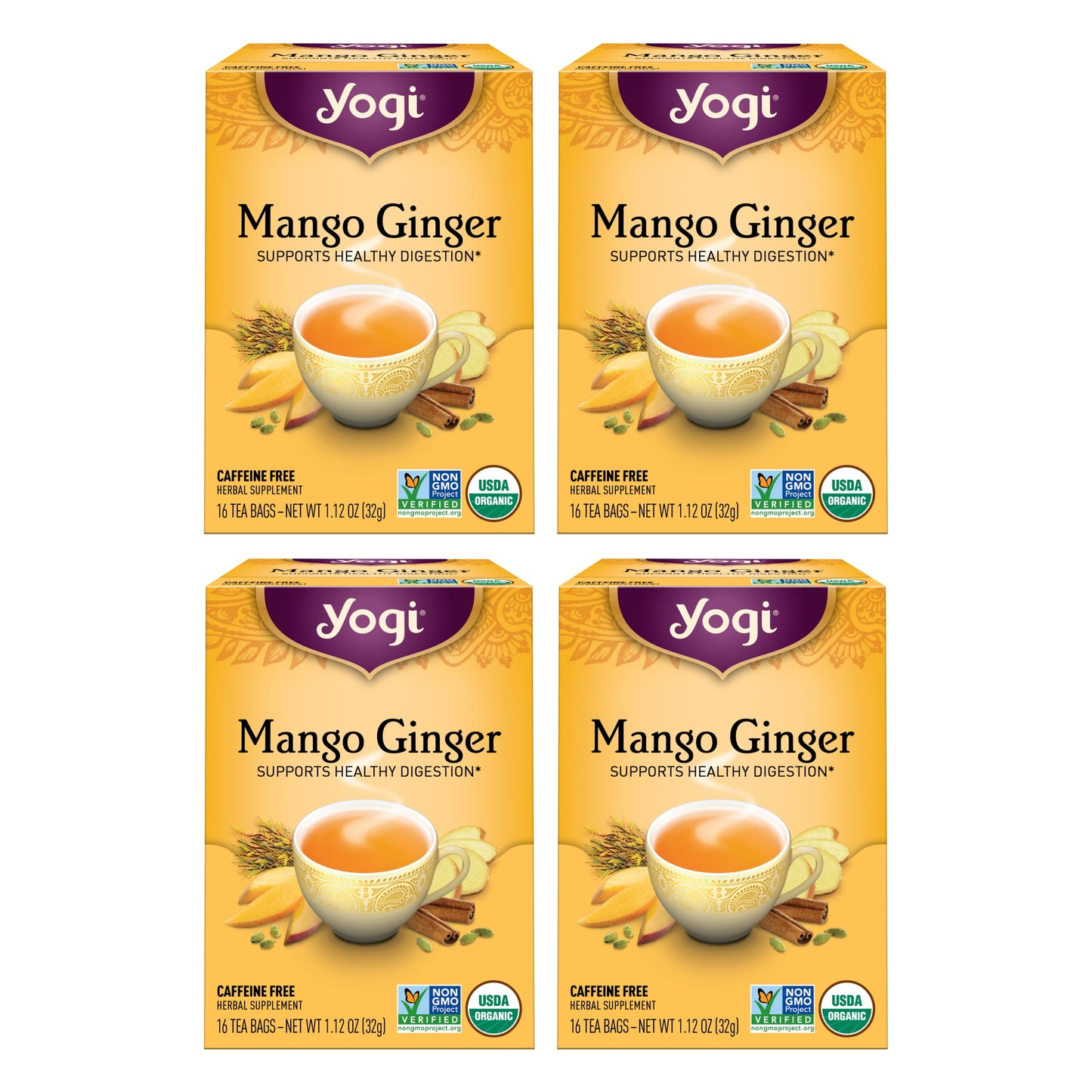 Tea Mango Ginger, Caffeine-Free Organic Herbal Tea, Wellness Tea Bags, 4 Boxes of 16