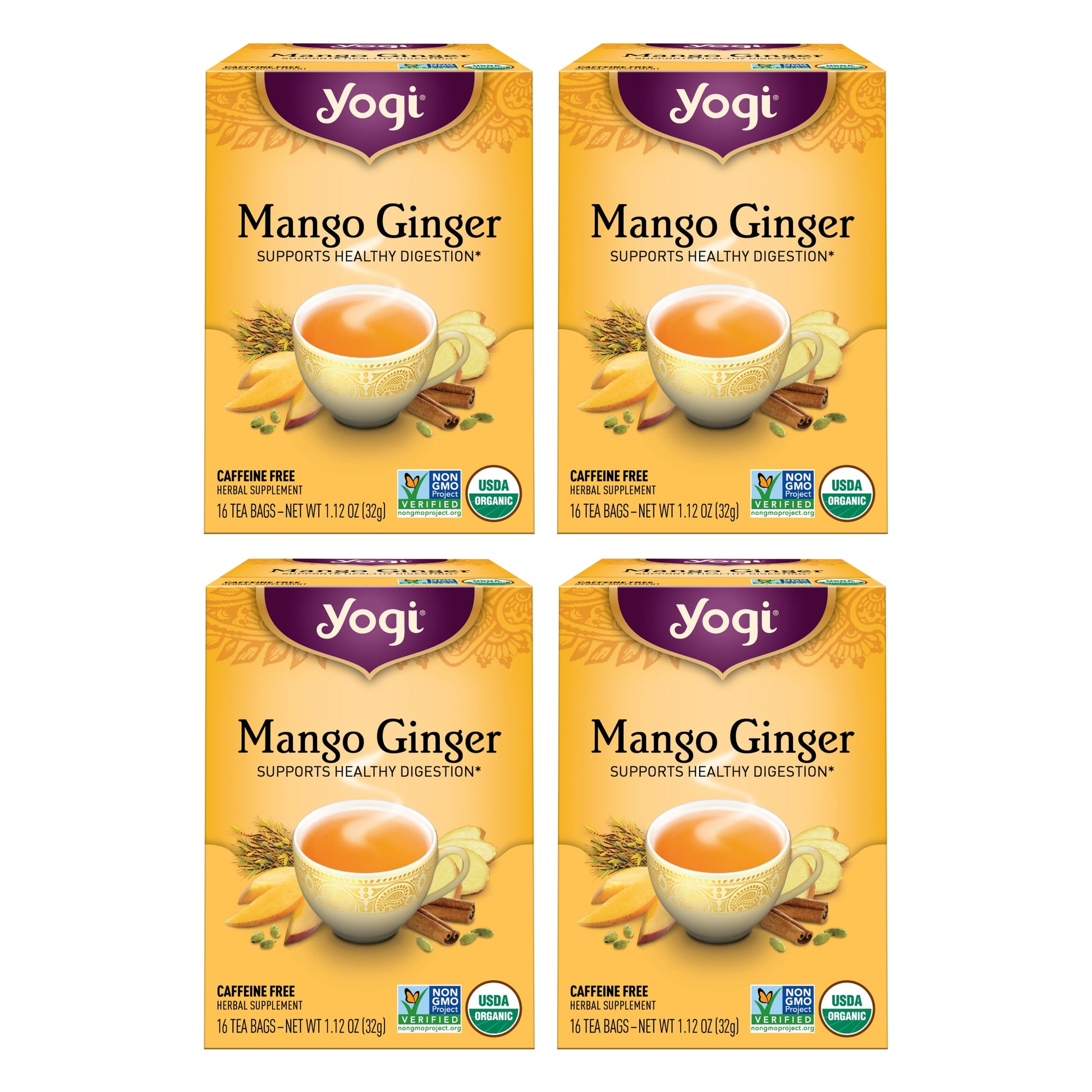 Tea Mango Ginger, Caffeine-Free Organic Herbal Tea, Wellness Tea Bags, 4 Boxes of 16