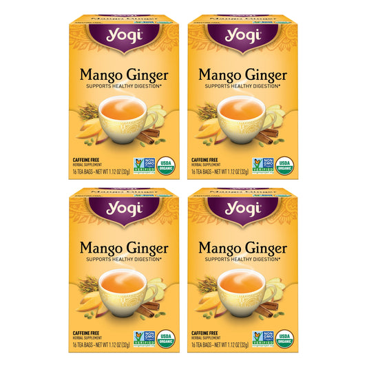 Tea Mango Ginger, Caffeine-Free Organic Herbal Tea, Wellness Tea Bags, 4 Boxes of 16