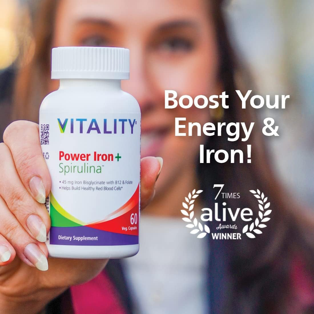 Power Iron + Spirulina | 45Mg Iron | Blood Builder | Iron Deficiency Support | Vegan | All Natural Supplement | Gentle on Stomach | 30 Capsules