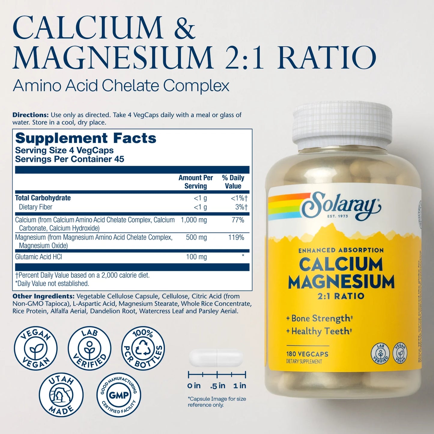 Enhanced Absorption Calcium Magnesium - 180 Vegcaps - 2:1 Ratio - Supports Bone Strength & Healthy Teeth - Vegan