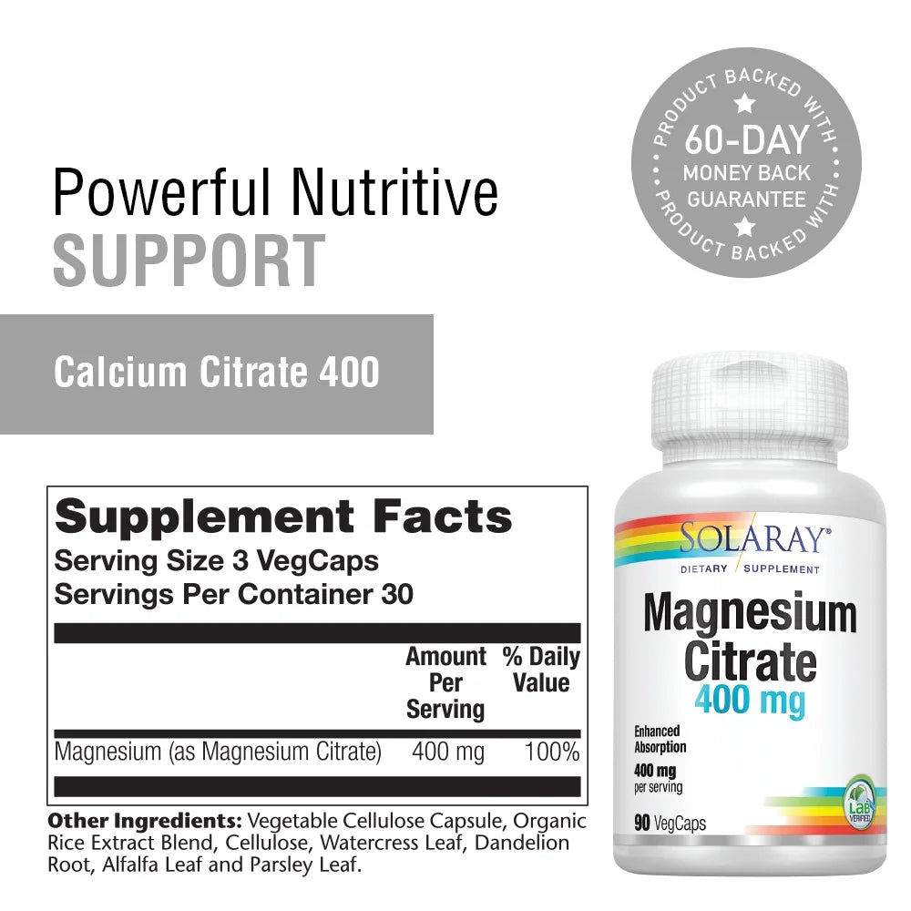 Magnesium Citrate, Veg Cap (Btl-Plastic) 400Mg 90Ct