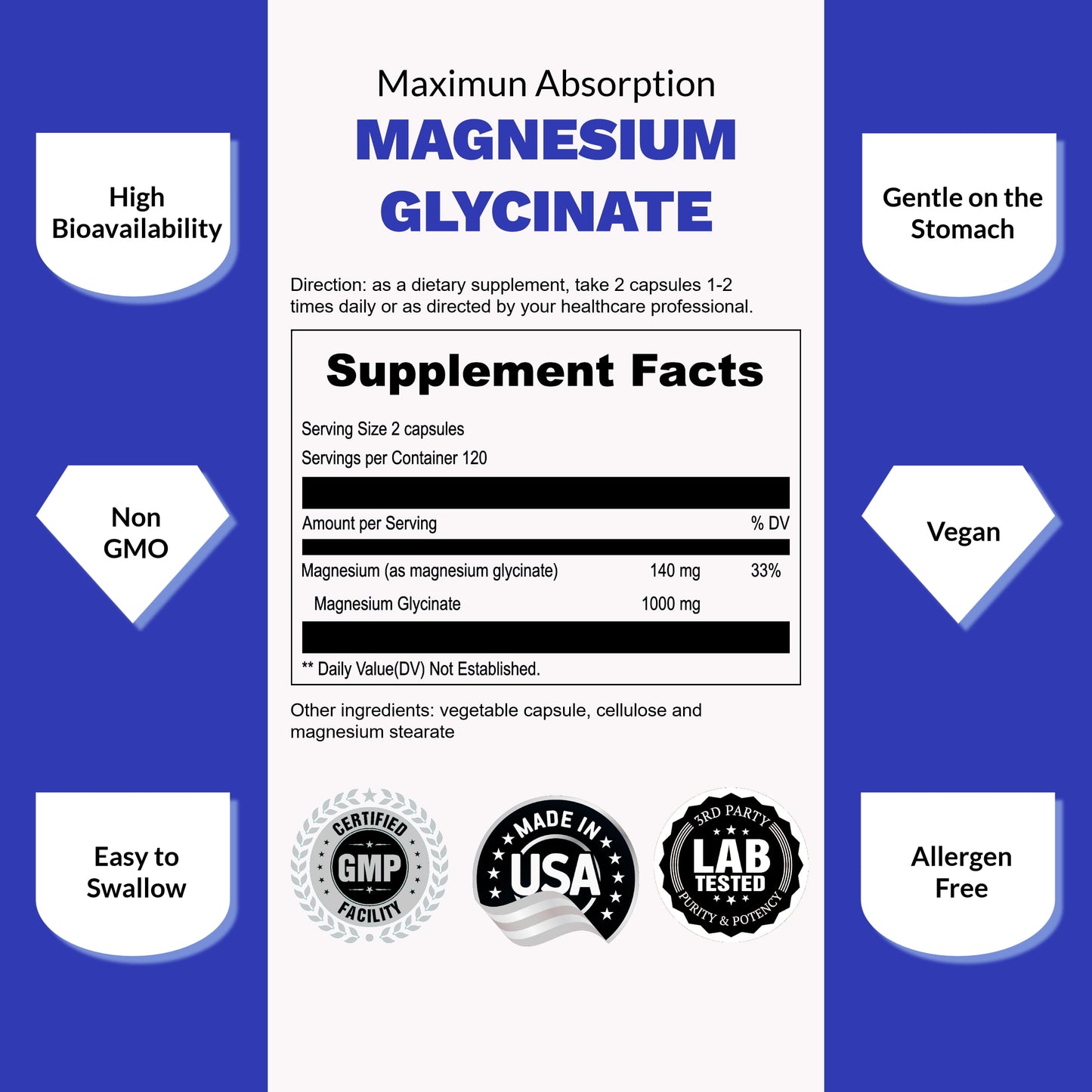 Chelated Magnesium Glycinate 500Mg Capsules - Magnesium Chelate for High Absorption; Pure Magnesium Supplement for Calm, Sleep, Leg Cramps, Stress Relief, Heart Health, Muscle Relaxation 240 Capsules