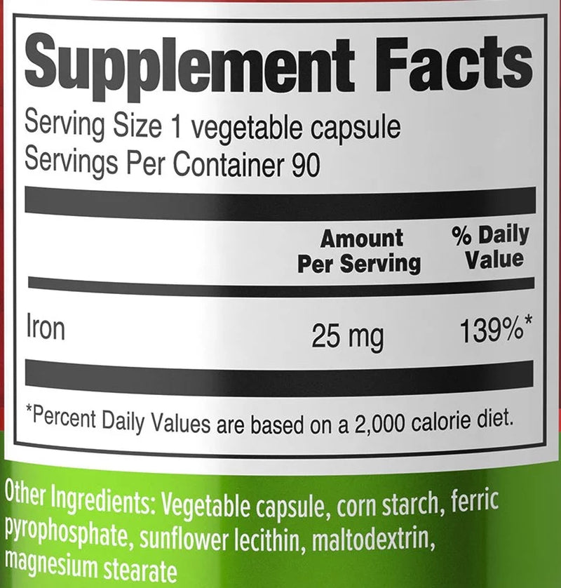 Iron Supplement, High Absorption, 25 Mg Elemental Iron, 90 Vegetable Capsules