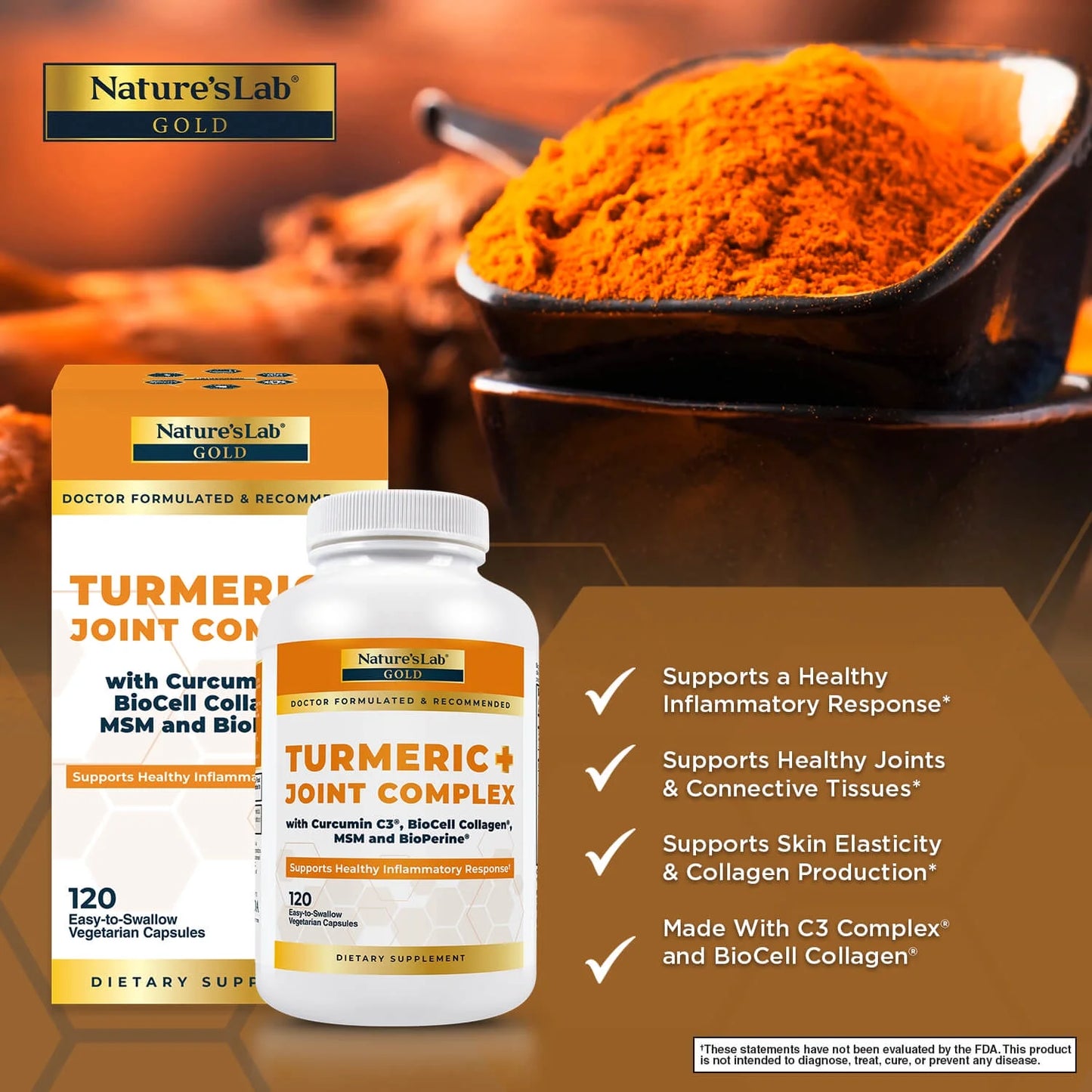 Gold Turmeric Joint Complex - 120 Capsules - Biocell Collagen, Hyaluronic Acid, C3 Curcumin, MSM - Joint Support, anti Inflammatory, Skin Supplement*