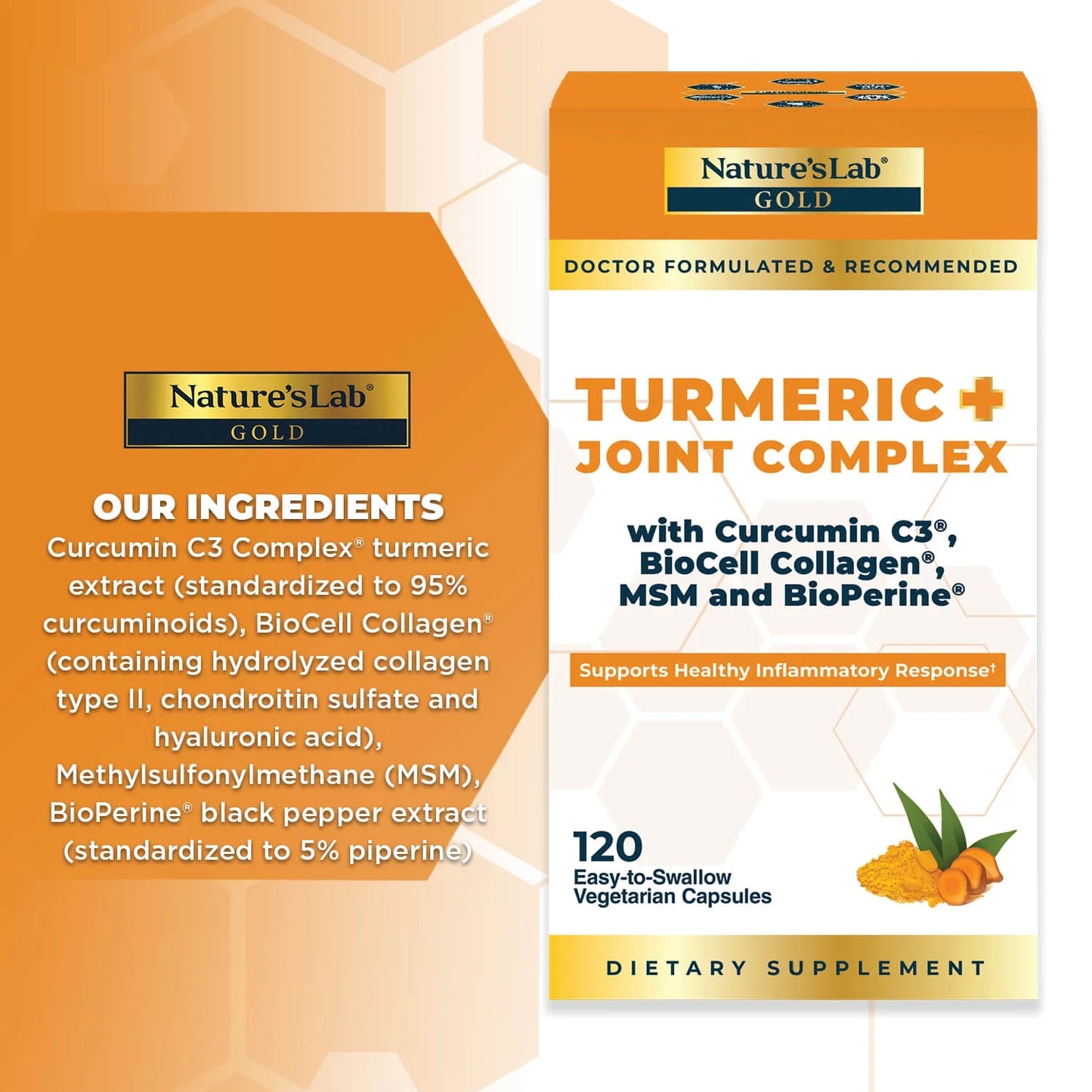 Gold Turmeric Joint Complex - 120 Capsules - Biocell Collagen, Hyaluronic Acid, C3 Curcumin, MSM - Joint Support, anti Inflammatory, Skin Supplement*