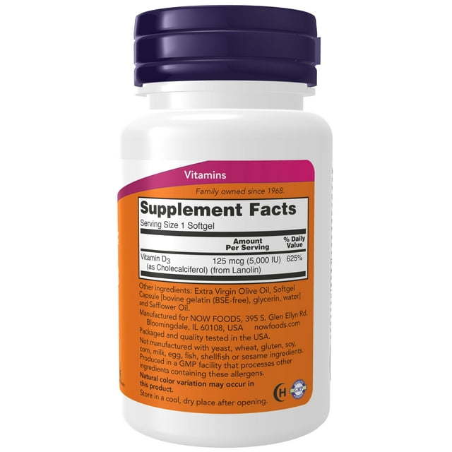 NOW Supplements, Vitamin D-3 5,000 IU, High Potency, Structural Support*, 240 Softgels