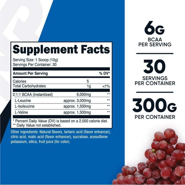 Nutricost BCAA Powder - 2:1:1 - (Grape) 30 Servings - Branch-Chain Amino Acids