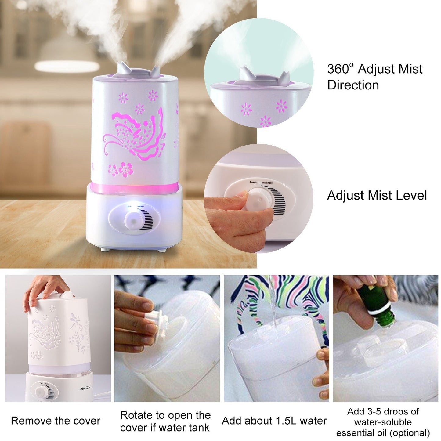 1500ml Ultrasonic Aroma Essential Oil Diffuser Air Humidifier w/7 Color LED Lights Waterless Auto Off