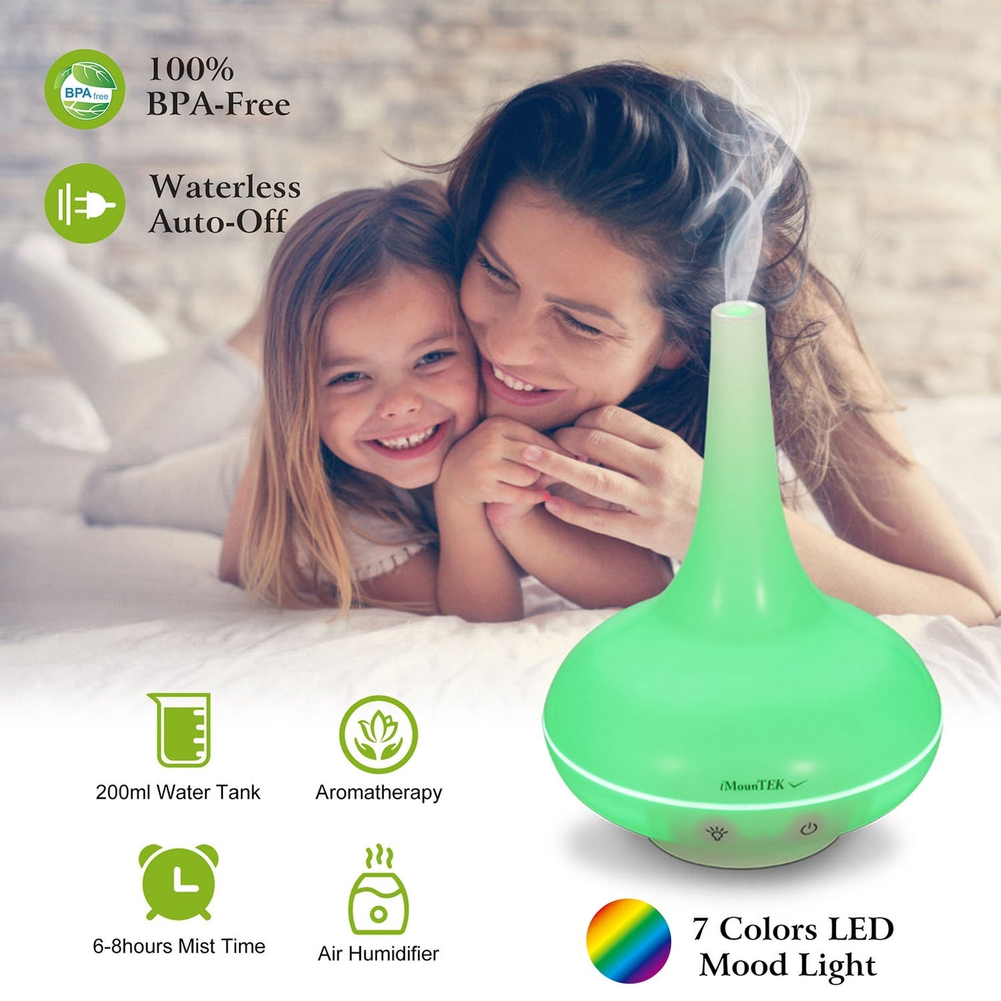 200ml Cool Mist Humidifier Ultrasonic Aroma Essential Oil Diffuser w/7 Color LED Lights Waterless Auto Off for Office Home Room Study Yoga Spa