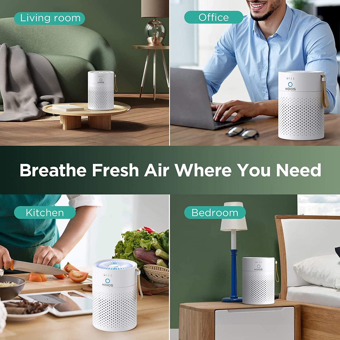 KOIOS Air Purifiers for Small Room Bedroom Office with Handle H13 Ture HEPA Filter Air Cleaner Remove Dust, Pet Dander, Wildfire, Smoke, Pollen, 3 Fan Speeds, Ozone-Free