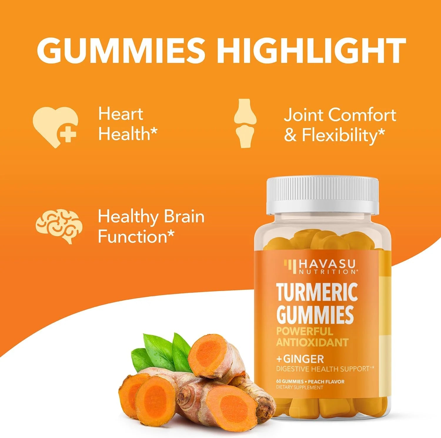 Havasu Turmeric Gummies with Ginger | Vegan 95% Curcumin Gummies for Superior Immune Defense, 60Ct