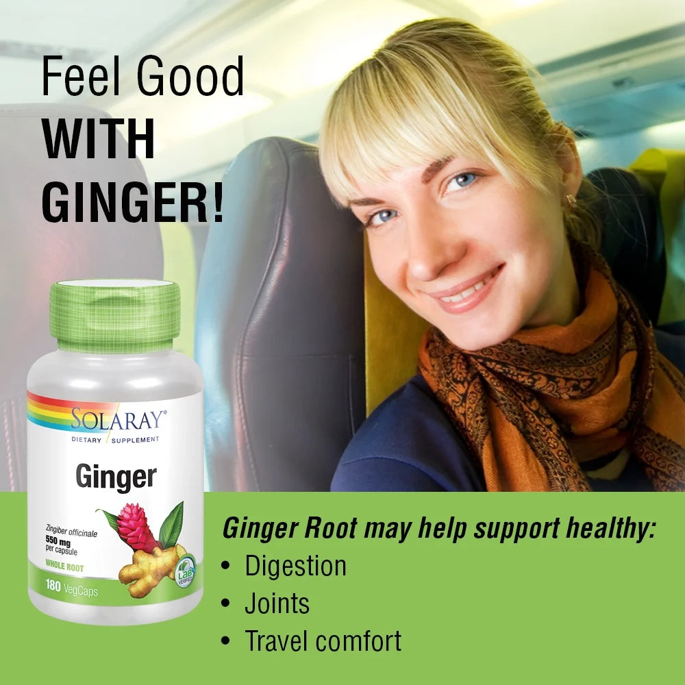 Ginger Root 1100Mg | Healthy Digestion, Joints and Motion & Stomach Discomfort Support | Whole Root | Non-Gmo & Vegan | 180 Vegcaps