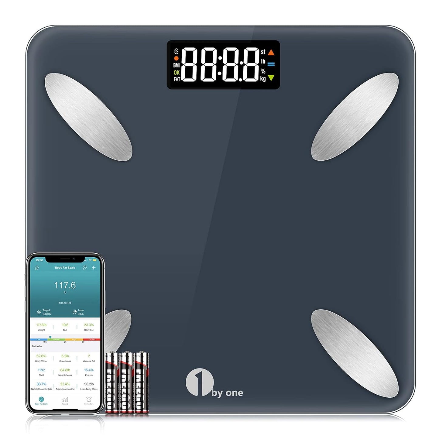 1 by ONE Scale for Body Weight, Smart Body Fat Scale, Digital Bathroom Weighing Scale with Water Percentage Muscle Mass Bluetooth BMI, 14 Body Composition Analyzer, 400 Lb